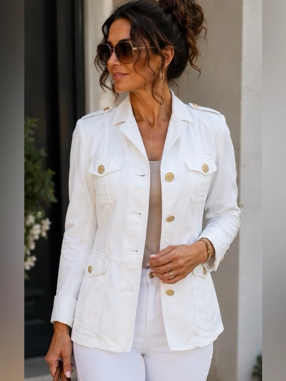 Tory Burch White Military Safari Utility Jacket Gold Buttons Size 8 🤍✨